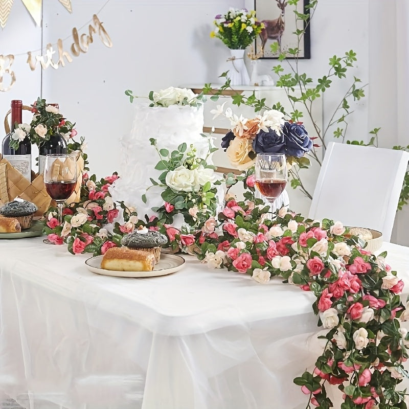 5 unidades de 12.5 metros de Guirnalda de Flores, Enredadera de Rosas Artificiales con Hojas Verdes, Enredadera de Rosas Falsas para Decoración de Pared de Primavera Aniversario de Boda Cumpleaños Navidad Arco