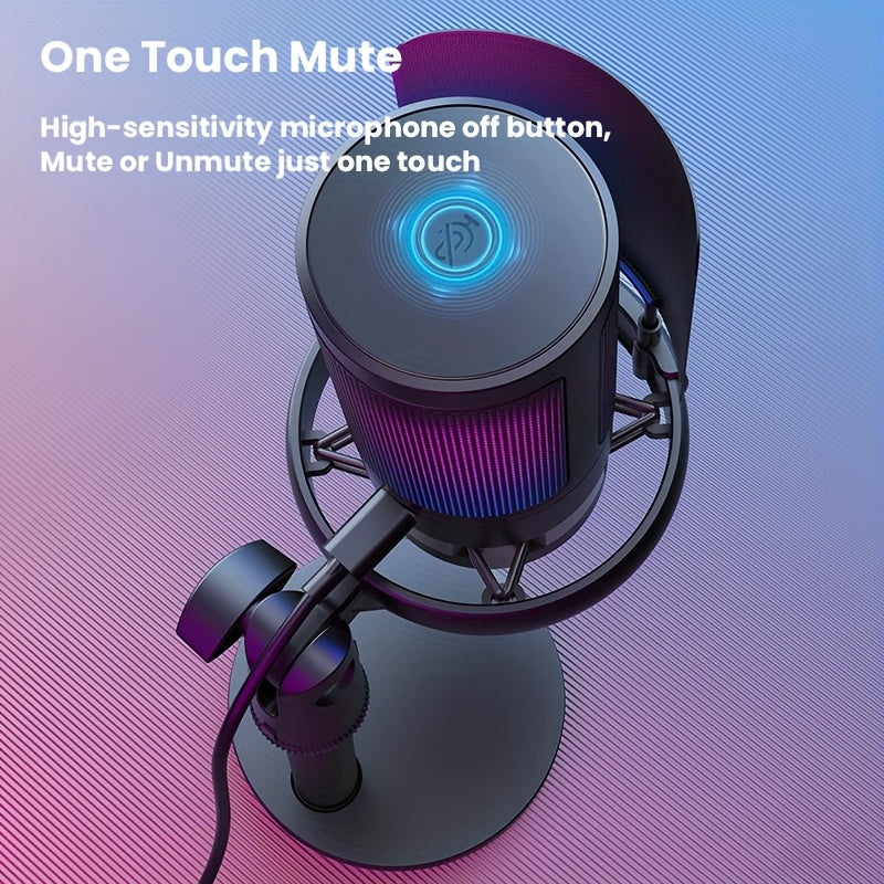 Micrófono de condensador USB, micrófono de condensador con función de silencio rápido, indicador RGB, botón giratorio de ganancia, para grabación vocal de podcasts, transmisiones en vivo y juegos