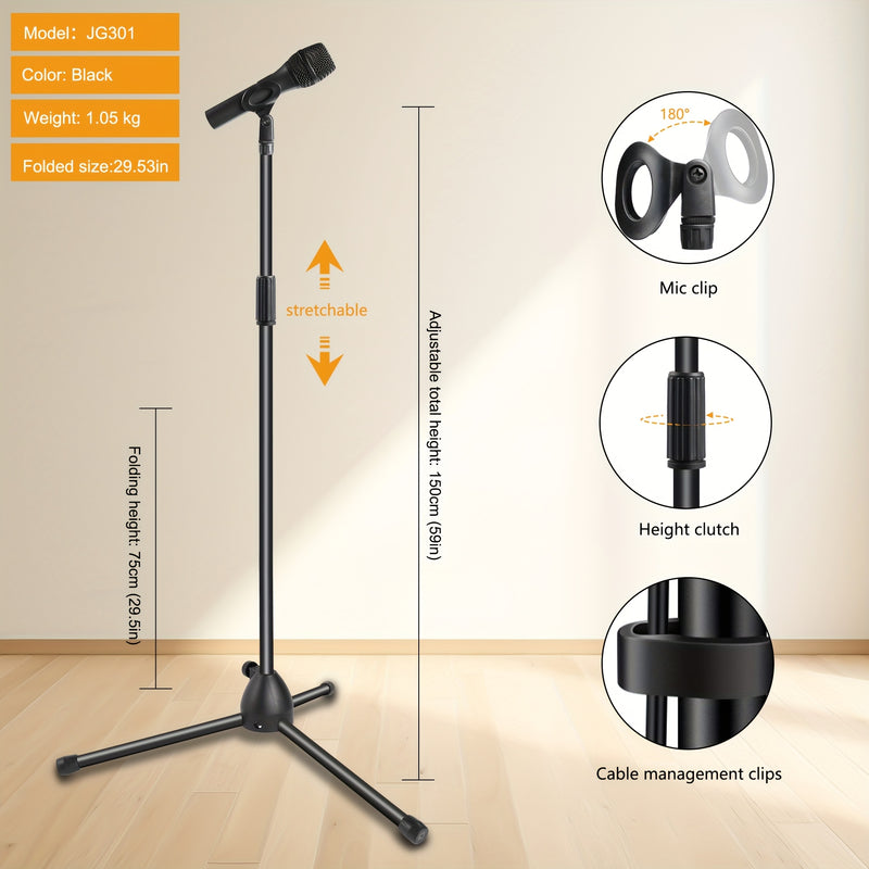 Soporte de micrófono ajustable de acero al carbono con conector XLR - Diseño de trípode estable para transmisión en vivo, karaoke y actuaciones en escena, negro, micrófono para cantar, equipo de actuación, equipo de audio moderno, construcción duradera