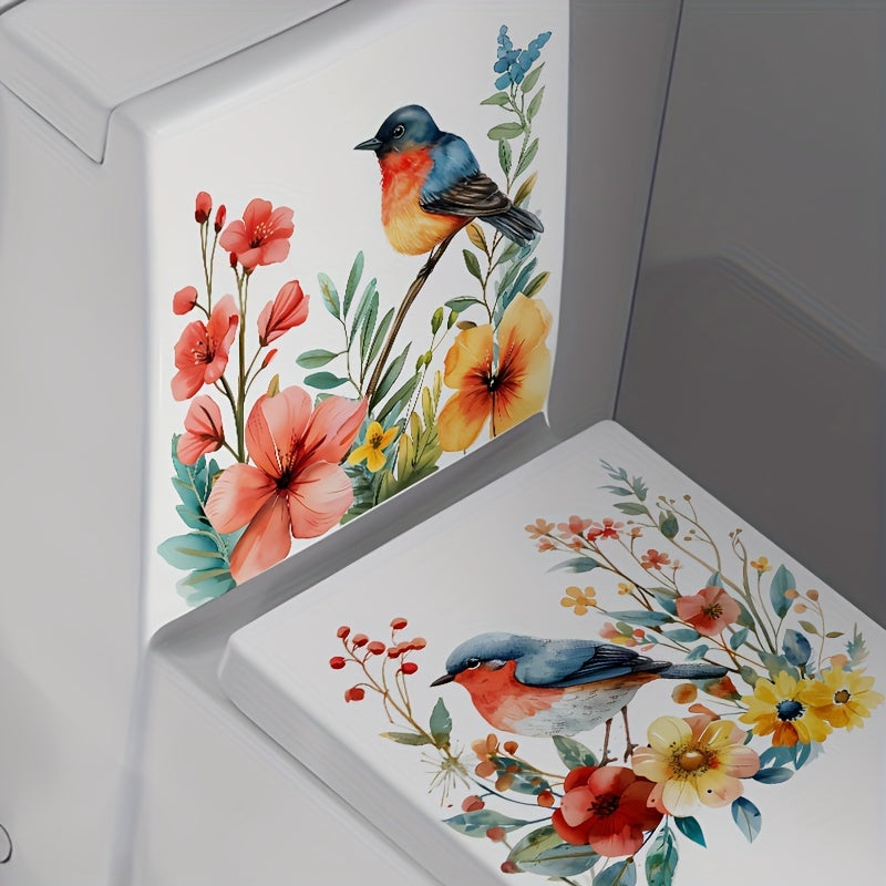 2 hermosas pegatinas de flores y pájaros para baño, adhesivos impermeables para pared de inodoro, fáciles de instalar