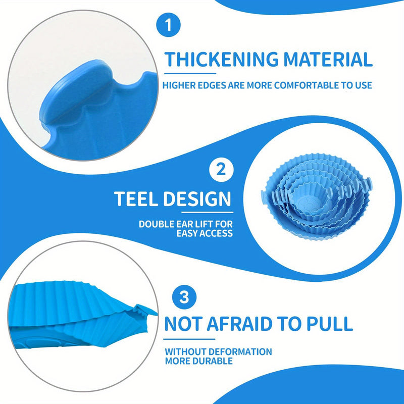 Juego de 7 piezas: 6 fundas de silicona de tamaño múltiple para freidora de aire + 1 molde de pastel de 7 agujeros - Bandejas de hornear azules no adherentes con bordes ondulados, perforadas para una cocción uniforme, fácil limpieza - Herramientas de hor