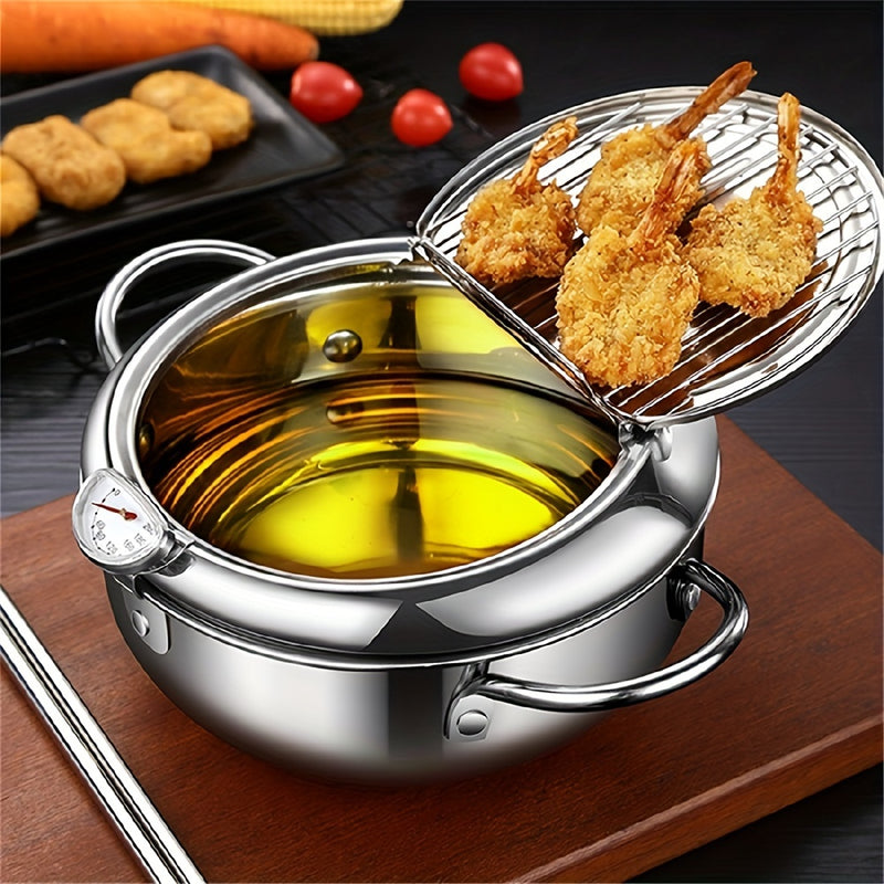 Fritadora de tempura de acero inoxidable - Opción de cocina saludable, fritadora profunda con termómetro, indicador de nivel de aceite y diseño seguro para el contacto con alimentos para huevos fritos perfectos, panqueques y más, opción de cocina saludab
