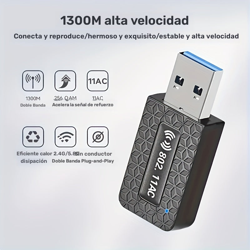 Adaptador inalámbrico USB de 1300 Mbps, adaptador de tarjeta LAN inalámbrica, adaptador de wifi para computadora portátil de escritorio, banda dual de 2.4G/5.8Ghz, compatible con protocolo inalámbrico 802.11Ax, banda dual de 1300M simultáneamente, la ban