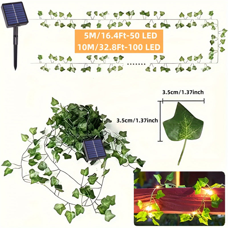 1 ud., Luces de Cadena con Hojas Artificiales de Hiedra Alimentadas por Energía Solar, 50/100 LED en Cable de Cobre para Jardín Exterior, Pared, Balcón, Valla, Árbol, Bodas, Fiestas y Decoración Navideña con 8 Modos