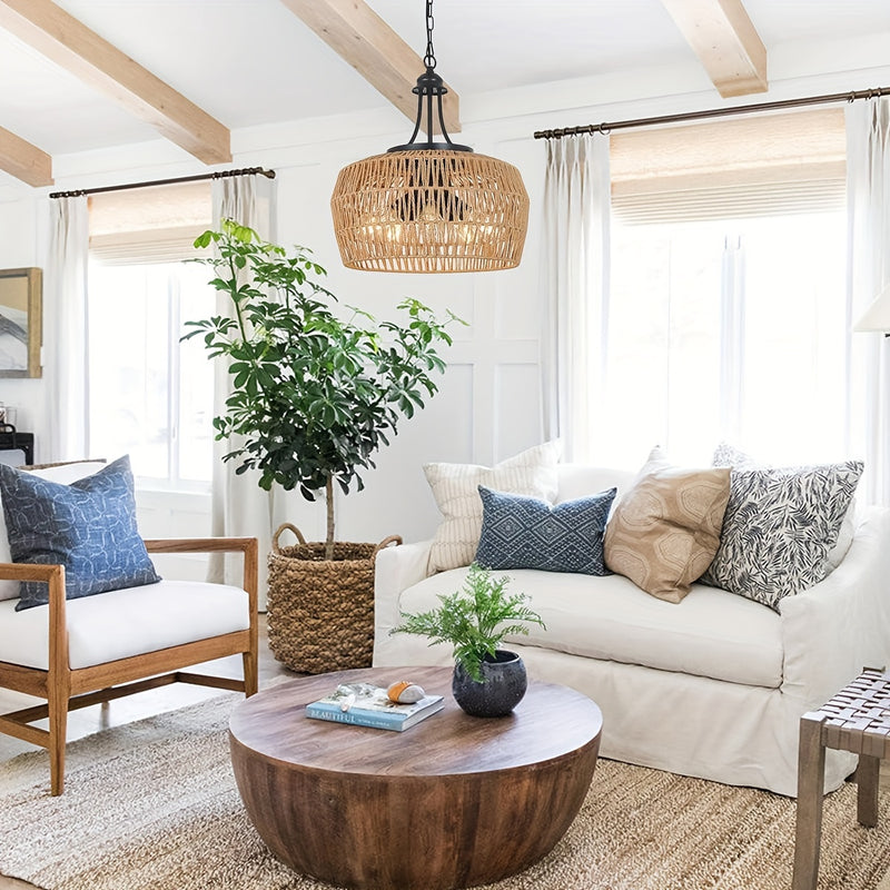 Lámpara de Techo Boho de Granja de 3 Luces con Pantalla de Ratán Tejido – Aplique de Lámpara Costera para Comedor, Cocina, Dormitorio, Pasillo de Isla – Base E26, Acabado Metálico, Lámparas de Techo para Comedor