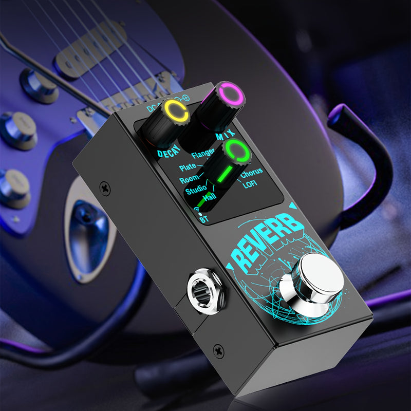 Pedal de Reverb Digital Negro 9-en-1 con Perillas Iluminadas - Incluye Flanger, Plate, Room, Studio, Hall, Tape Echo, Ducking, Chorus, Efectos Low-Fi - Decaimiento/Mix Ajustable, Acompañamiento Inalámbrico, Alimentación DC y Tipo-C, Gran Interruptor de P