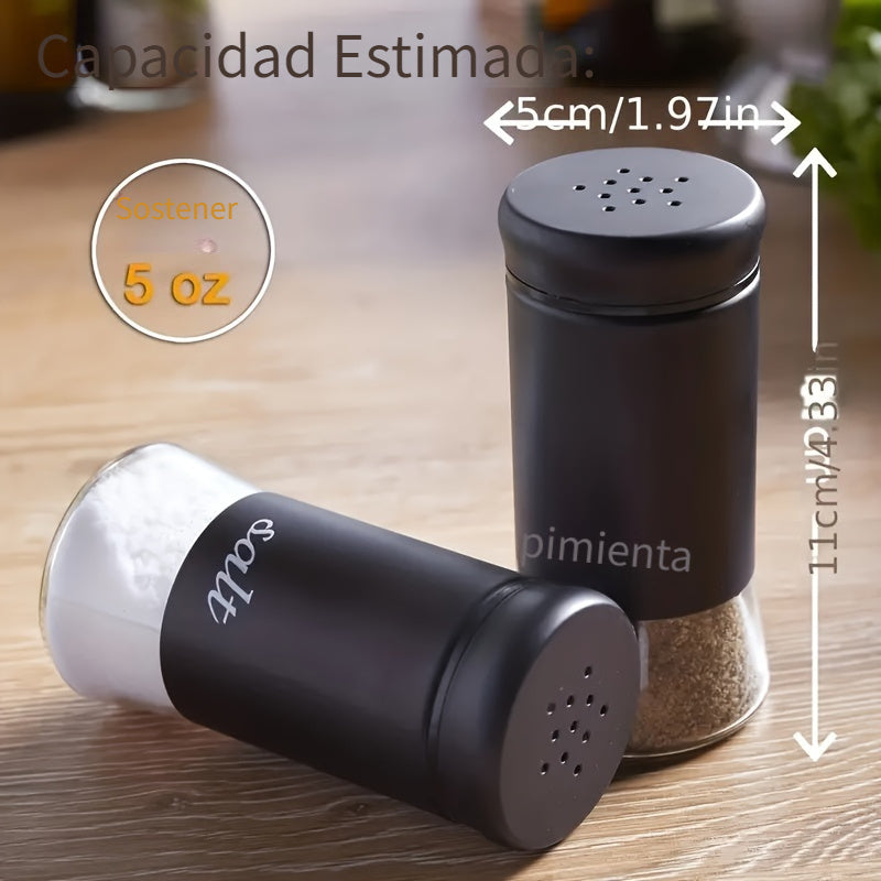 Juego de frascos para sal y pimienta, frascos de vidrio con tapa de acero inoxidable, ideal para cocina, herramientas pequeñas, mesa de cocina, RV, camping y barbacoa, diseño rellenable (2 piezas = 1 juego)