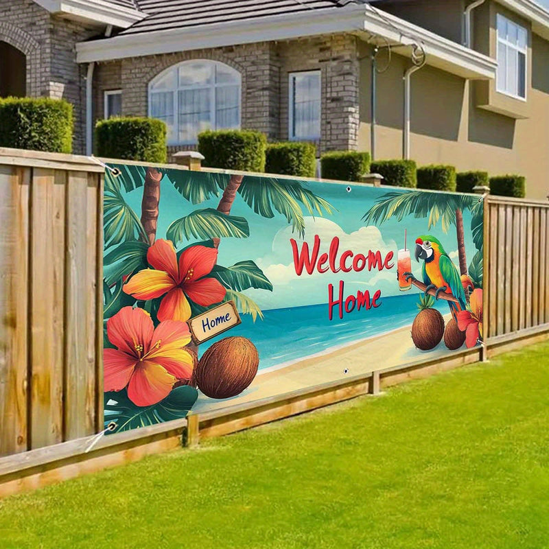 1 pieza, letrero de puerta de garaje de pavo tropical de playa, gran decoración al aire libre con letrero "Bienvenidos a casa", palmeras y diseño floral vibrante, perfecto para Navidad, fiestas de vacaciones y fondos temáticos de playa, decoración temáti