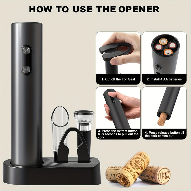 Juego de Abrebotellas Eléctrico Automático de 5 Piezas, Cortador de Papel Aluminio, Tapones y Base de Almacenamiento - Funciona con Batería Seca, Requiere 4 Pilas AAA (No Incluidas) - Corcho para Mantenimiento del Vacío Fresco, Vertedor, Juego de Vajilla