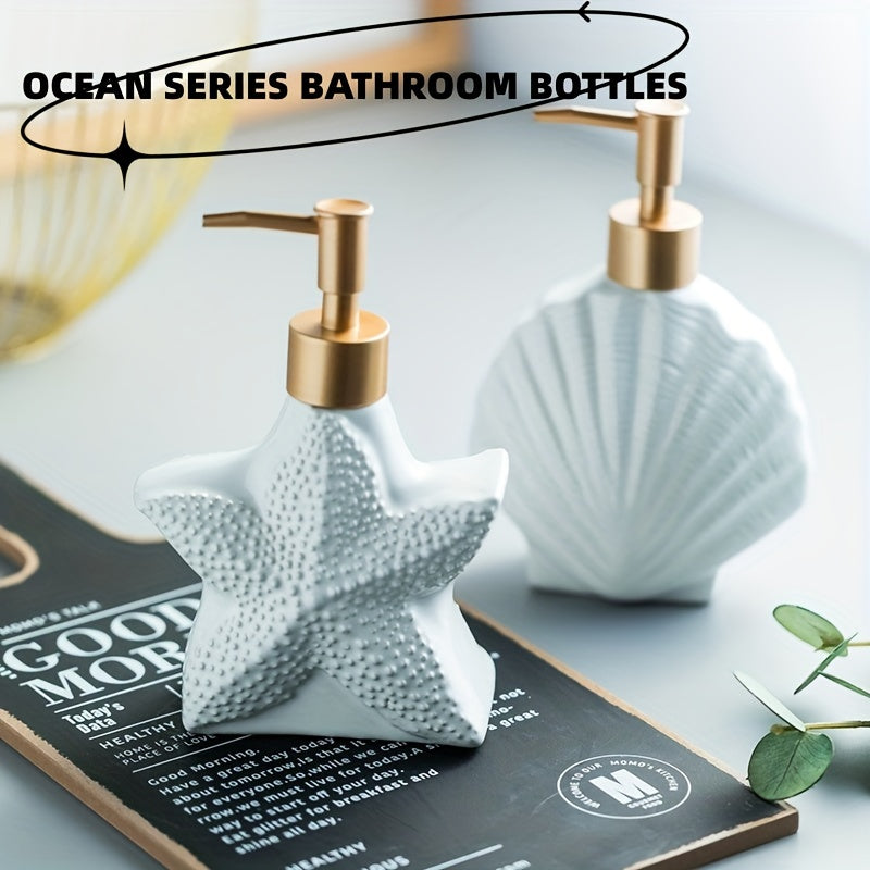 1 Dispensador De Loción De Cerámica Con Forma De Estrella De Mar, Dispensador De Jabón En Forma De Concha, Botella De Loción De Cerámica Blanca Con Bomba Dorada Mate, Dispensador De Jabón De Manos, Decoración Del Hogar Para Baño Y Cocina
