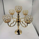 Candelabro de 5 cabezas con cristal dorado - Elegante decoración de mesa para bodas, cumpleaños y cenas románticas, accesorio de comedor romántico | Candelabro de cristal | Base metálica duradera, soporte de velas de cristal