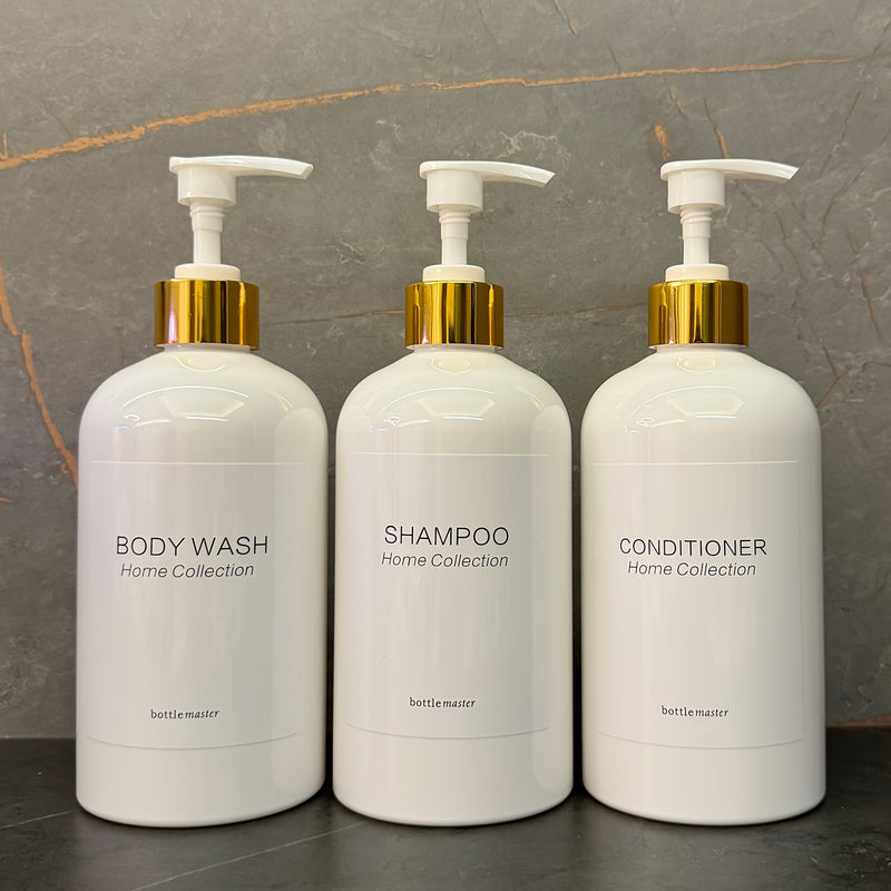 3 Piezas Dispensador de Champú y Acondicionador con Soporte para Pared | Juego de 3 Botellas Plásticas de 16.9 fl oz en Blanco o con Bomba de Bambú