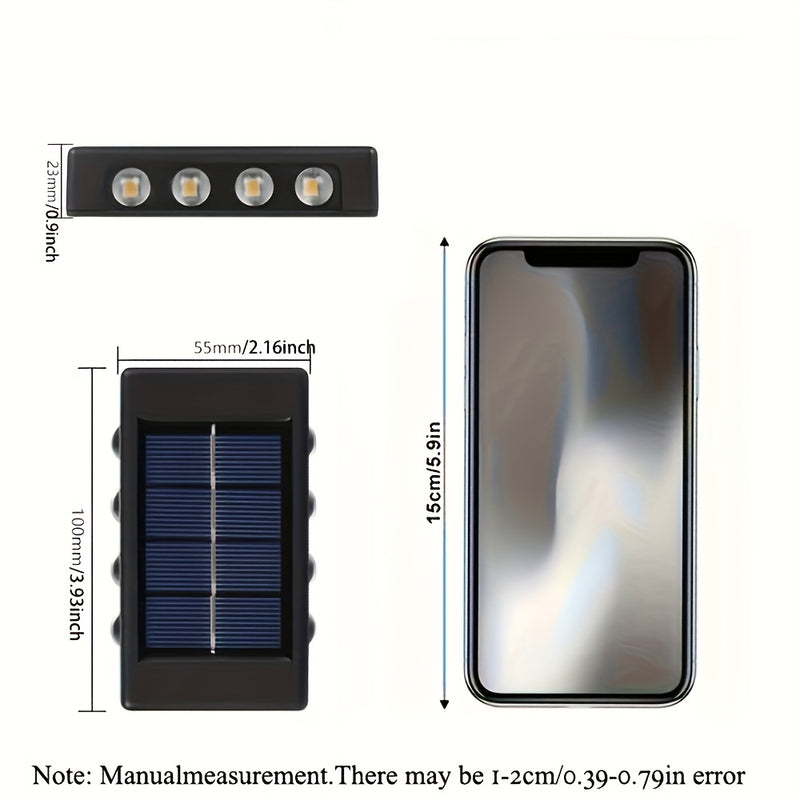 4 piezas, lámpara de pared solar convexo con luces LED 8/10/16 emitiéndose desde arriba y abajo, lámpara decorativa de pared para courtyards, lámpara de guía de atmósfera para jardines y porches, adecuada para jardines, courtyards, camas de flores y atri