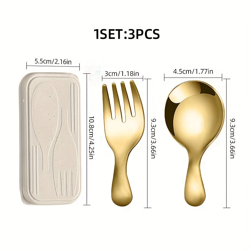 3pcs Portable Cutlery Set, Stainless Steel Short Handle Round Head Spoon Set, Mini Spoon and Fork Set, Boxed Stainless Steel Fork and Spoon Set, Small Round Spoon with Short Handle, Short Handle Round Head Spoon and Fork, Mini Ice Cream Spoon with Short
