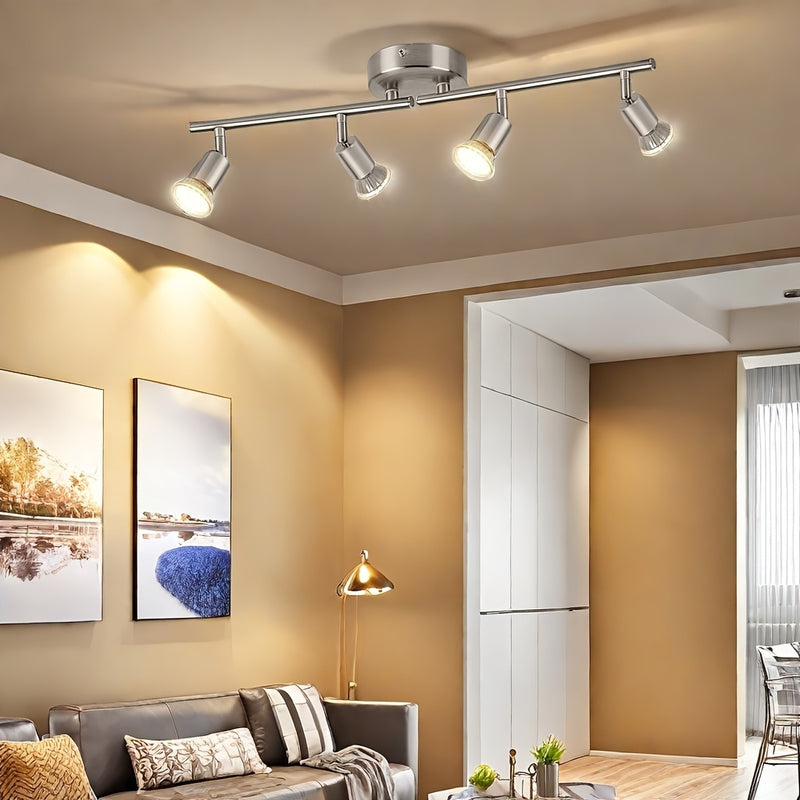 AMANSOUR Moderna Lámpara de Techo LED de 4 Llamas, Spotlight Rotatable 330°, Montaje Semi-Flush, Níquel Mate, Hierro Fundido, Control de Interruptor, Cableado Duro 110-240V, para Cocina, Sala de Estar, Dormitorio - Sin Bombillas Incluidas