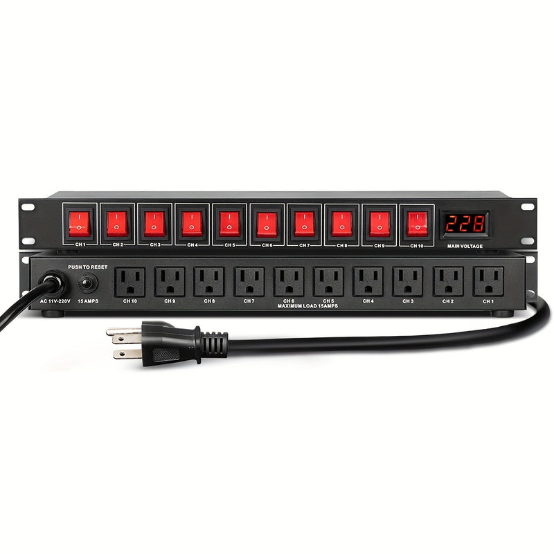 Secuenciador de potencia profesional para audio 1U DEPUSHENG - Controlador digital de alimentación para rack con 10 salidas, pantalla de voltaje, protector contra sobretensiones, 1500W máx., 110V-130V, enchufe estadounidense, material de aleación