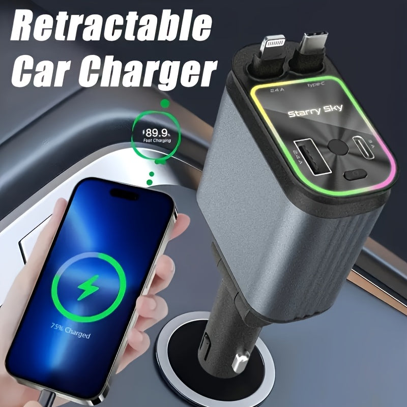 Cargador de auto retráctil SAN.COMO, cargador de auto 4 en 1 con diseño estelar, carga rápida dual USB-C, cable retráctil extensible de 80 cm (doble puerto y doble cable) y 2 puertos USB, adaptador de cargador de auto de 66W, ajuste libre de 180°, diseño