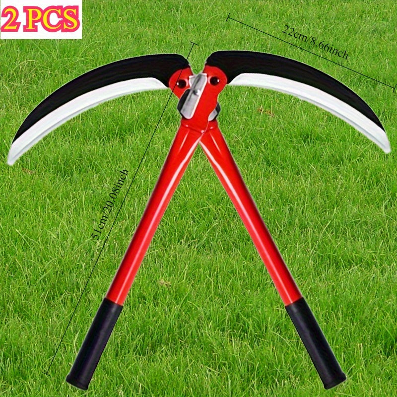 2 Piezas de Machete Plegable Resistente con Mango Largo - Acero al Manganeso Rojo y para Corte Manual en Jardín, Césped y Granja - Herramienta Versátil para Cortar Trigo y Cosecha de Hierba | Mecanismo Robusto | Hoja Metálica Duradera, Ideal para Exterio