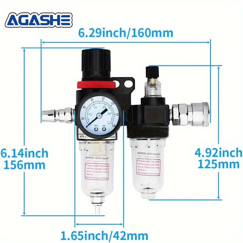 AGASHE 1 Juego AFC-2000 Separador de aceite y agua para compresor de aire, kit de regulador de presión con manómetro, conector rápido y taza de lubricación, filtro de herramientas neumáticas, válvula deshumidificadora de compresor.