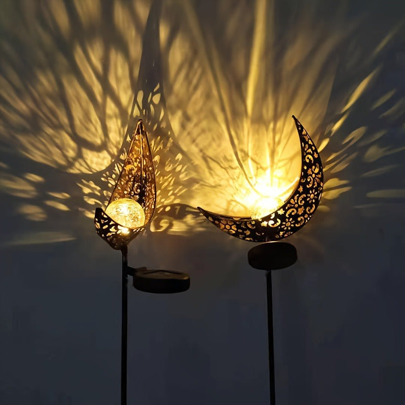 Luz de forma de luna alimentada por energía solar - Decoración de metal impermeable con vidrio agrietado, ideal para césped y jardín, iluminación de camino al aire libre (IP65), batería de níquel cargada por energía solar, 600mAh, iluminación de camino a