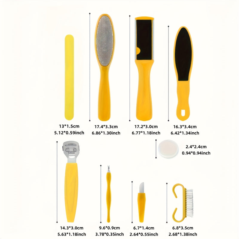 Juego de pedicura profesional de 9 piezas: juego de cuidado de pies de acero inoxidable con eliminador, raspador de talón y dedo - Amarillo