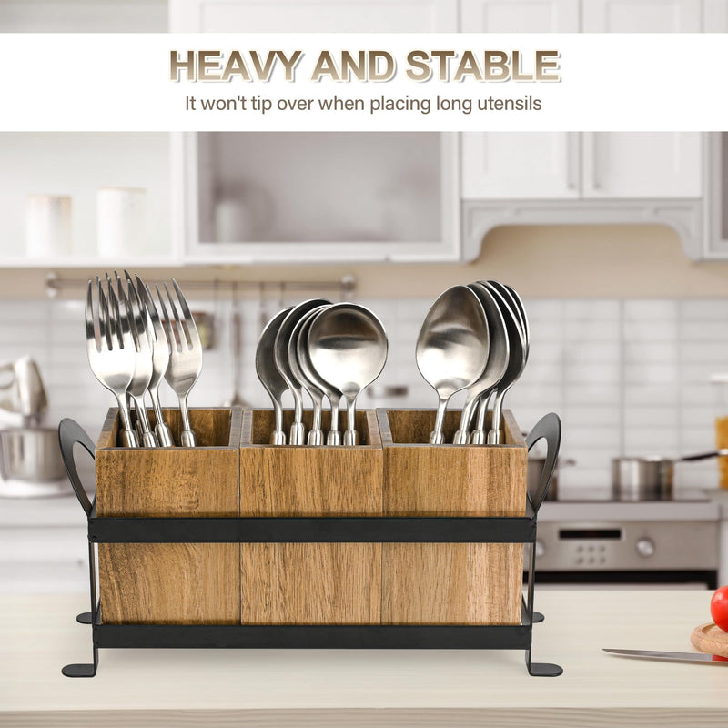 1pc Portaútiles, Bola de Utensilios Rústica con 3 Compartimentos, Organizador de Cocina para Encimera, Caja de Madera para Cubiertos, Tenedor, Cuchara y Espátula, Estilo Granja