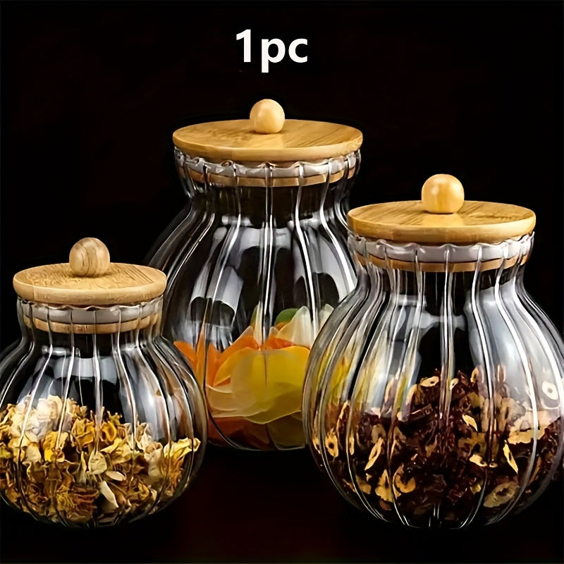 1 frasco de vidrio rayado con tapa de bambú - Contenedor multiusos reutilizable para pan, galletas, dulces, té y condimentos