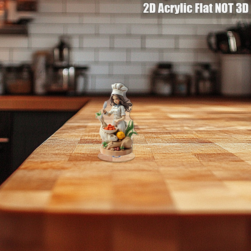 Decoración de chef femenina en cristal plano 2D - Adorno giratorio para mesa con tenedor y cuenco de ingredientes, ideal para decoración de cocina o regalo temático de cocinero | Diseño optimista y detallado, 2D plano