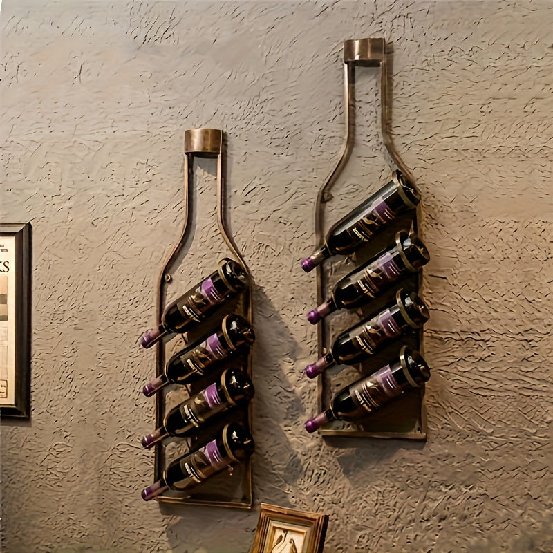 Rack de Vino Montado en la Pared de Bronce Vintage, Capacidad para 4 Botellas - Organizador Decorativo Rústico de Hierro para el Hogar o Bodega de Vinos, Elegante Decoración Temática del Vino con Detalles Dorados, Portabotellas