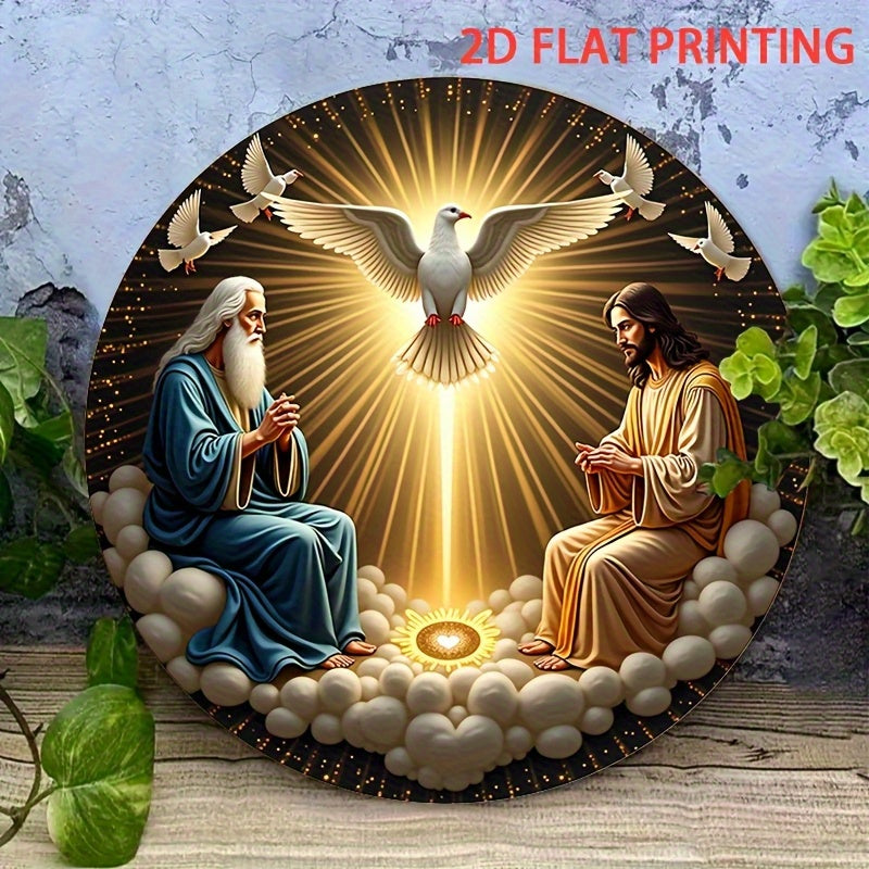 Letrero de Pared Artificial Redondo de Madera 2D, 8 Pulgadas - Sagrada Trinidad con Paloma y Ángeles, Diseño Religioso Estilo Clásico Americano, Decoración para Interior/Exterior, Fácil Colgado en Puerta, Arte Espiritual Duradero para Hogar, Oficina o Bar
