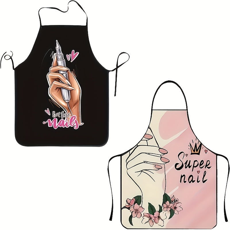Delantal de diseño de arte de uñas negro vibrante - Correa de cuello ajustable, 100% poliéster de alta resistencia, perfecto para cocinar, jardinería y uso de cocina, elegante y funcional.