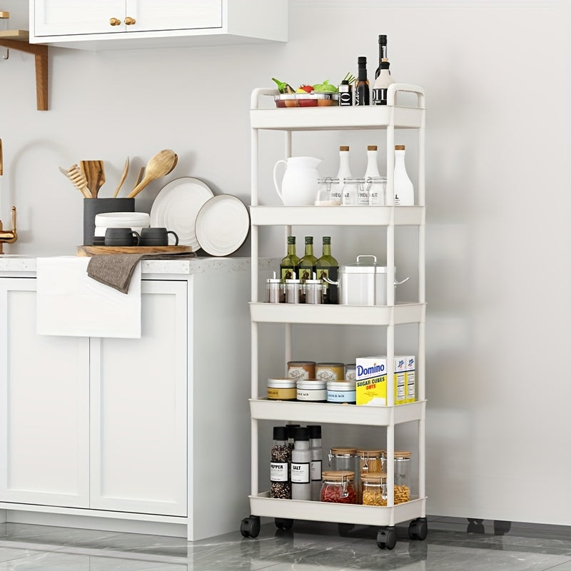 Un versátil carrito de almacenamiento de cinco niveles en blanco/negro, adecuado para organizar baños, refrigerios de cocina, almacenamiento de dormitorios y organización de juguetes, fácilmente movible y portátil.