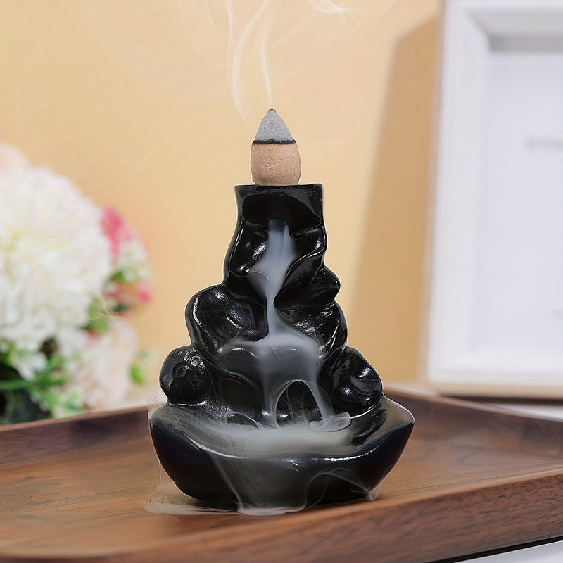 Quemador de Incienso de Resina Negra Elegante con Cascada de Agua y Palitos de Madera - Estilo Clásico, Ideal para Decoración de Halloween en el Hogar e Instalación en el Suelo, Porta Incienso