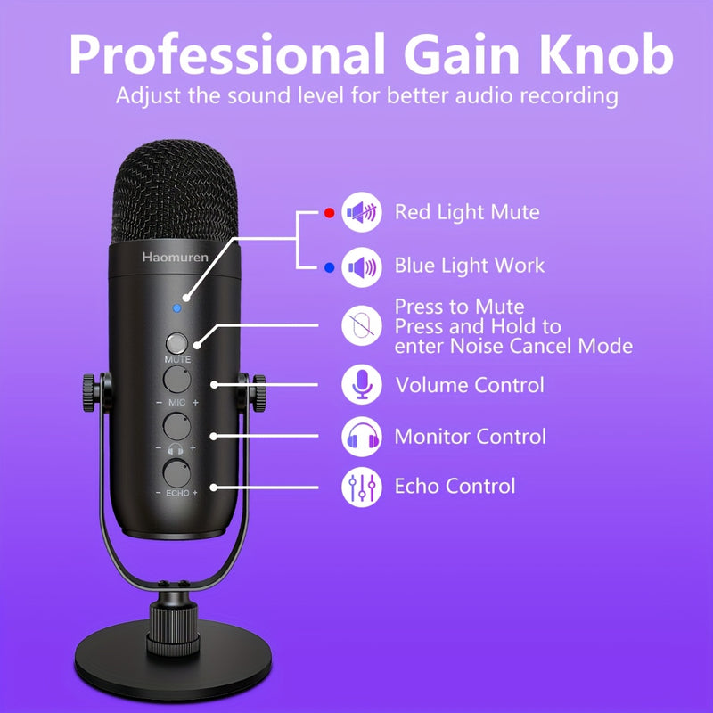 Kit de Micrófono Profesional de la Marca Haomuren, Soporte de Escritorio y Boom con Filtro Anti-pop, Compatibilidad USB Plug-and-Play para Varios Dispositivos · Silencio con Un Botón · Monitoreo en Tiempo Real · Efecto de Reverberación · Adecuado para Gr