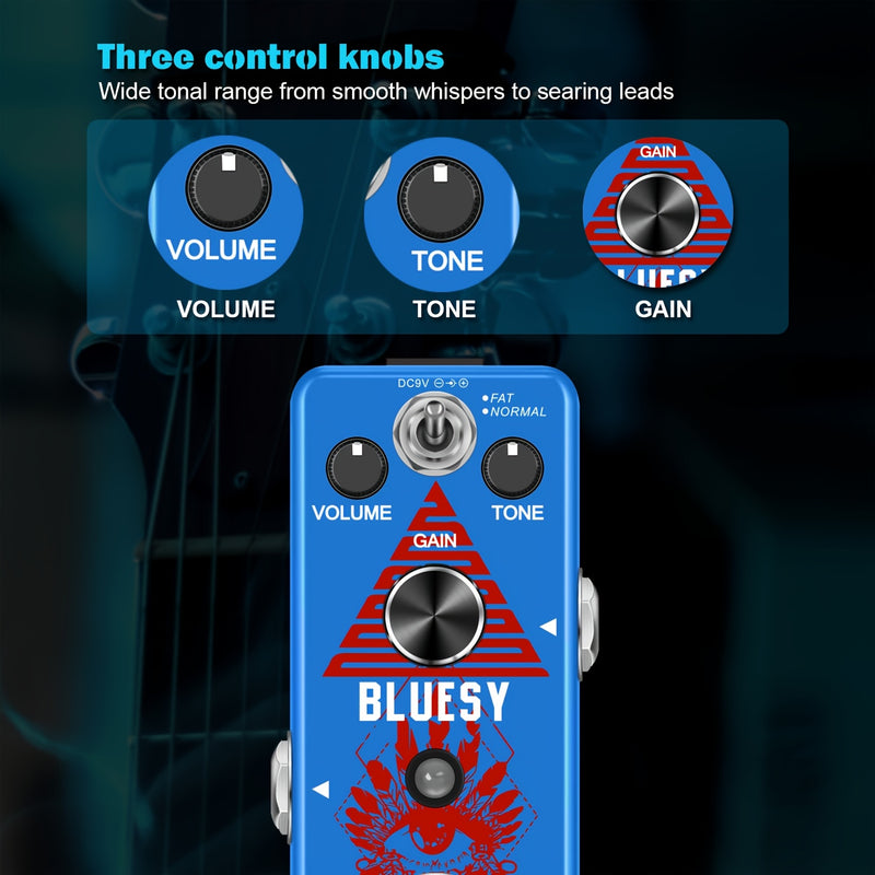 Amuzik Blues Driver Pedal de Guitarra - Efecto Overdrive Vintage con Potenciómetro, Volumen y Tonos, True Bypass, Alimentación USB, Compacto para Guitarra Eléctrica y Bajo - Diseño Gráfico Audaz, Construcción Robusta para Uso en Vivo y Estudio, Rendimien