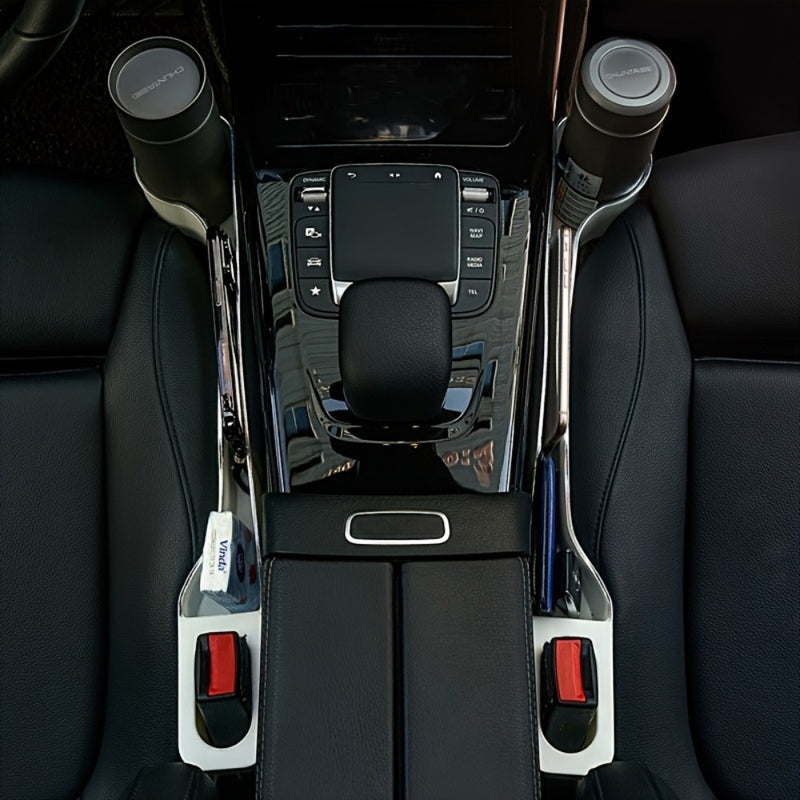 Pack de 2 Organizadores para Espacios del Asiento del Coche - Caja de Almacenamiento Multifuncional con Portavasos, Ranuras para Teléfono y Bolígrafos, Diseño Ergonómico en Plástico Duradero para el Frente