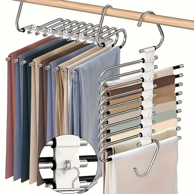 Colgador de 9 niveles ahorrador de espacio con revestimiento antideslizante, incluye 5 ganchos, diseño en acero inoxidable reduce el desorden un 80%, ideal para jeans ajustados y telas de mezclilla