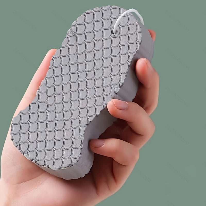 1 esponja exfoliante de baño 3D con diseño de escamas de pescado, doble cara, suave, fácil de limpiar y secado rápido, accesorio para cuidado de la piel con colgador, ideal para spa en casa