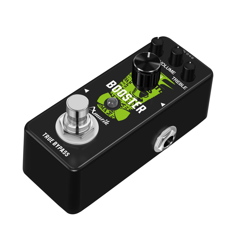 Amplificador de efecto de guitarra Amuzik Mini Booster, aleación de aluminio negro, verdadero aumento de ganancia, señal analógica, control de perilla, cableado, ≤36V, no requiere batería