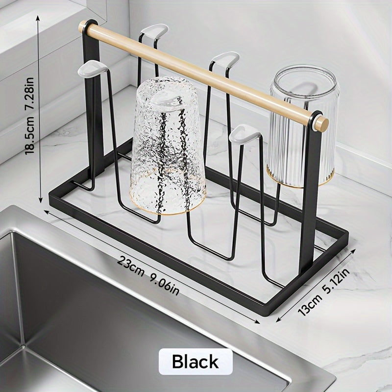 Estante de secado de tazas con mango de madera, soporte de tazas de metal con 6 bandejas de drenaje desmontables, diseño de hierro duradero, recubrimiento anticorrosivo, estante de secado de platos para encimera de cocina.