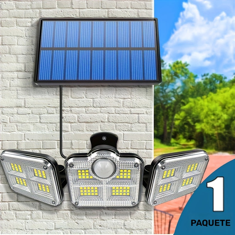 Luz de seguridad solar con sensor de movimiento, 3 cabezales con 122 luces LED ajustables, aplique de pared semirrehundido de plástico, control remoto, alimentado por energía solar con batería de iones de litio de 2400 mAh, panel fotovoltaico no removibl
