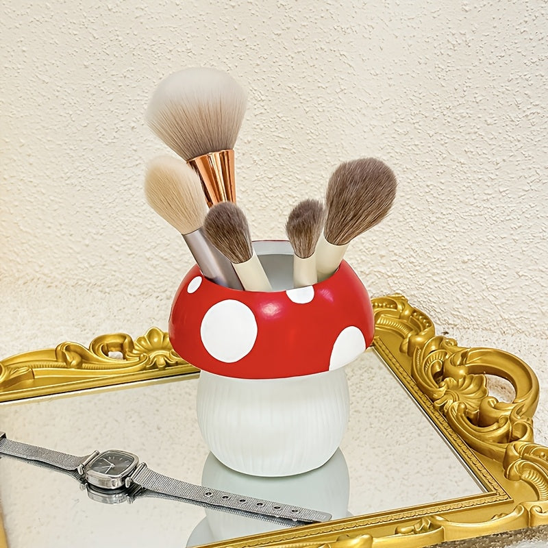 Porta brochas de maquillaje con diseño de hongos, 1 o 2 piezas, organizador con montaje por tensión de poliéster para brochas y accesorios, acabado pulido, almacenamiento independiente, no requiere electricidad, para tocador