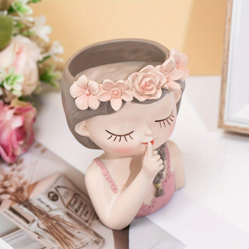 Figura De Resina De Chica Con Florero, Adorno Decorativo Con Corona Floral, Decoración Para El Hogar, Habitación, Oficina, Decoración De Mesa, Centro Elegante