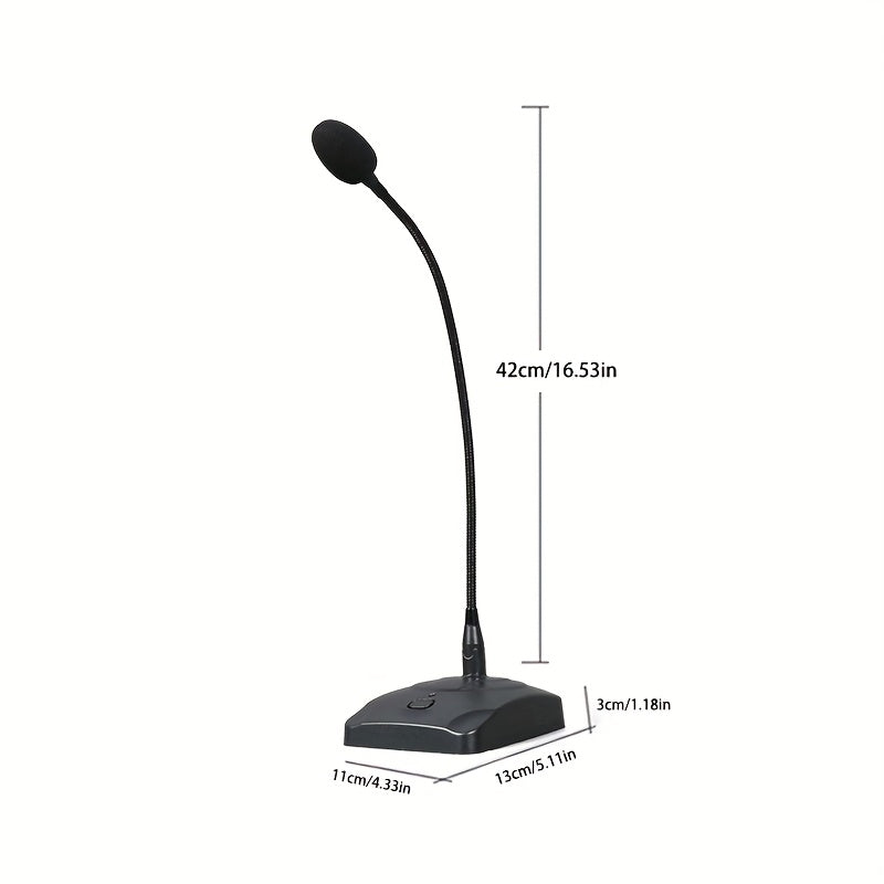 Micrófono de escritorio dinámico con cuello de cisne, construcción metálica, negro, conector de 6,35 mm, alimentado por batería (batería no incluida), voltaje de funcionamiento ≤36 V, para amplificador/altavoz/ordenador