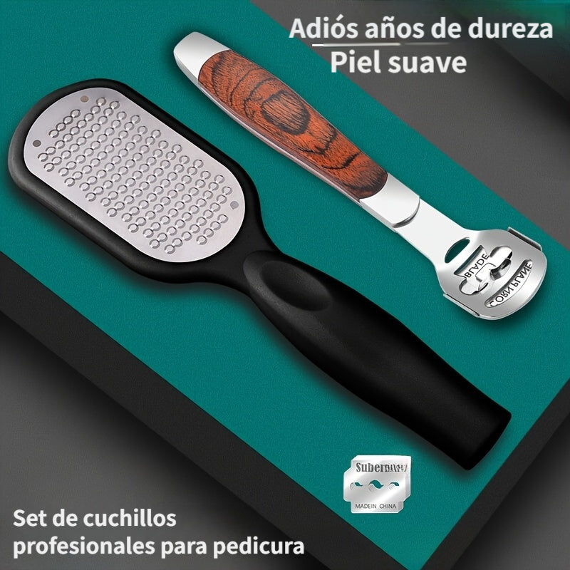 2 piezas, juego profesional de cuidado de pies: Remover + limpiador de pies - Exfolia profundamente la piel muerta, diseño de mango antideslizante, acero inoxidable duradero, perfecto para pedicures en casa y uso en salones, elimine los talones ásperos,