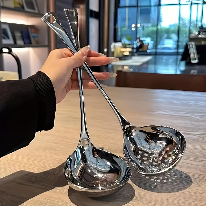 Juego de 2 cucharas largas de acero inoxidable para sopa, cucharas duraderas para cocina y fondue, fáciles de limpiar, uso en hogar y restaurante
