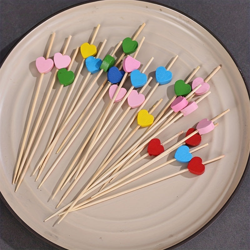 100pcs Palillos Artísticos de Bambú para Frutas, Decoraciones de Madera Desechables para Cócteles con Diseños de Amor y Flor de Ciruelo