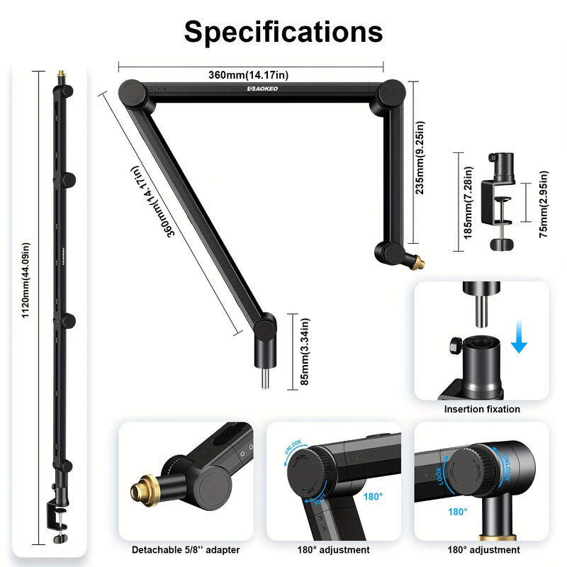Brazo de suspensión para micrófono AOKEO AK-49 avanzado con gestión de cables de audio, brazo ajustable en 3 niveles para micrófonos Yeti, Snowball, iCE, HyperX, QuadCast, SoloCast, Elgato Wave - Montaje de escritorio en aleación resistente, ocultación d