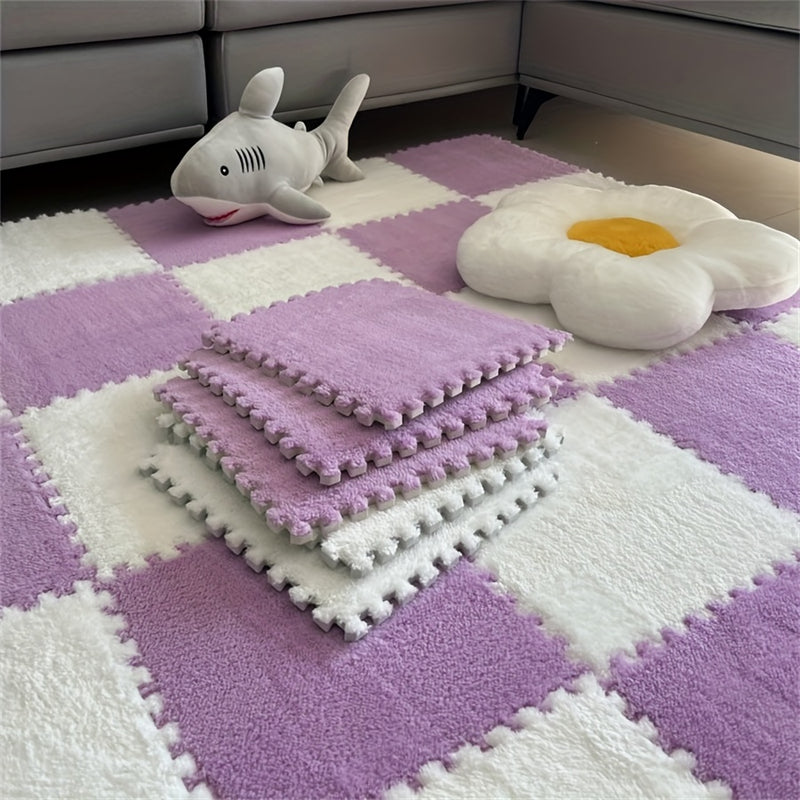12 piezas de juego de baldosas de alfombra de felpa entrelazadas, alfombras cuadradas lavables de EVA y poliéster para dormitorio, sala de estar y lados del dormitorio, alfombra de área grande, 29,97x29,97 cm