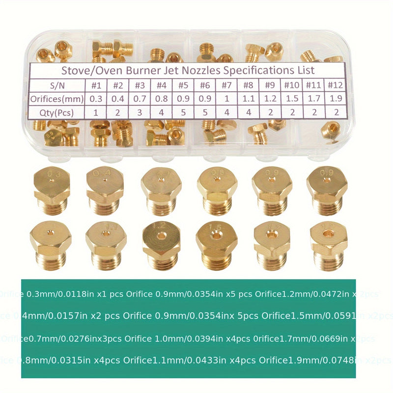 36pcs Kit de conversión de orificio de estufa de gas de cobre PFCKE, propano LP gas natural, boquilla de bronce de quemador de repuesto, 0,3/0,4/0,7/0,8/0,9/1,0/1,1/1,2/1,5/1,7/1,9mm, punta de pulverización de gas M6x0,75 mm, con llave y zócalo